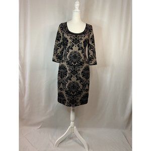 Aidan Mattocks Taupe Black Velvet Open Back Sheath Dress Size 4 3/4 Sleeve